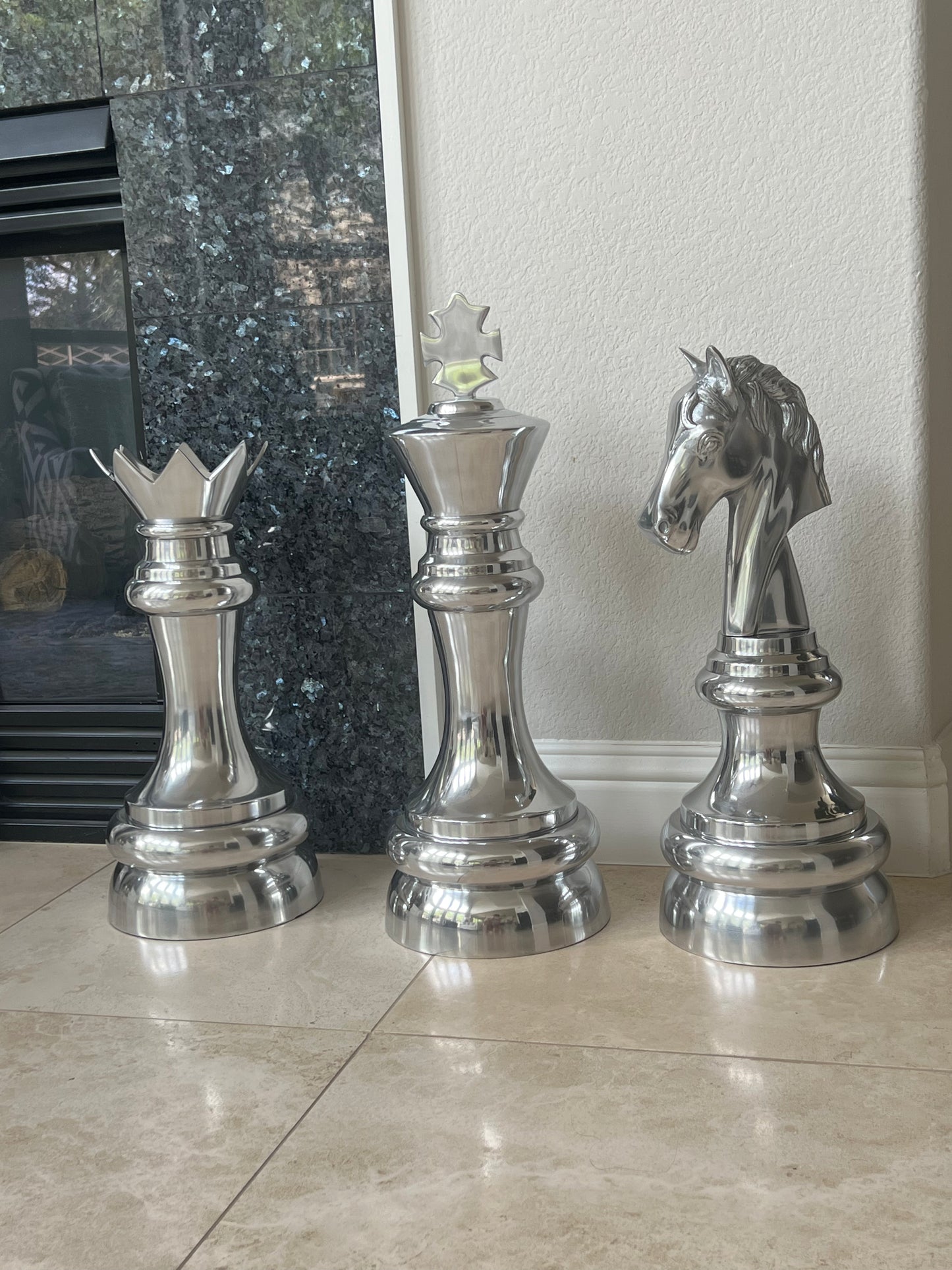 Silver Aluminum Post Modern Chess Sculpture Set of 3