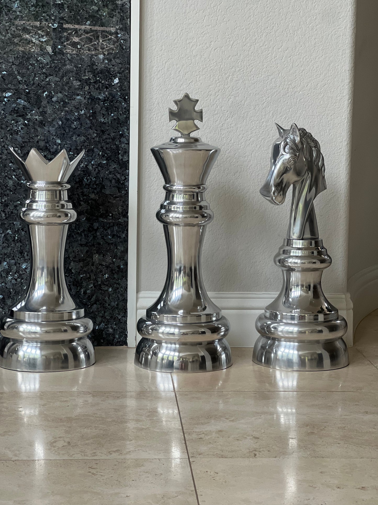 Silver Aluminum Post Modern Chess Sculpture Set of 3