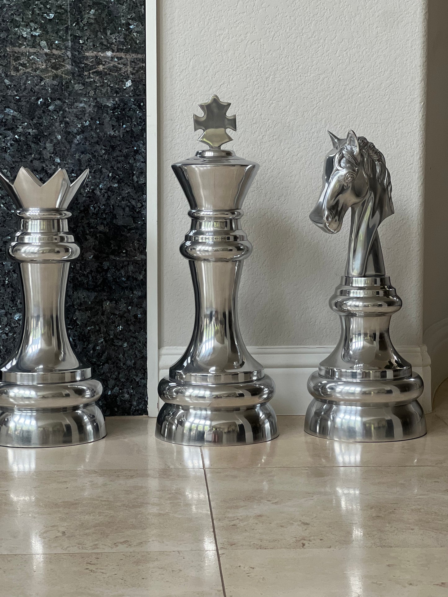 Silver Aluminum Post Modern Chess Sculpture Set of 3