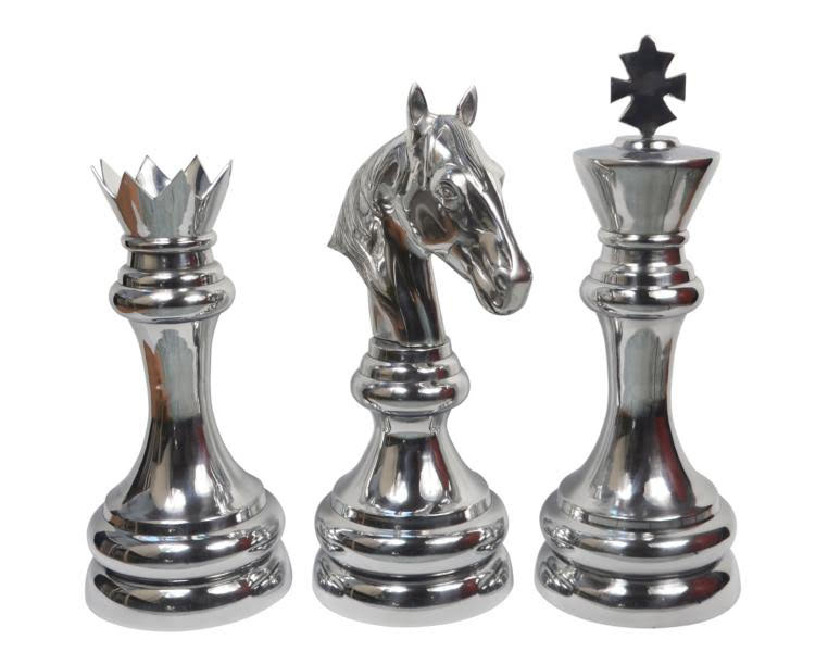 Silver Aluminum Post Modern Chess Sculpture Set of 3