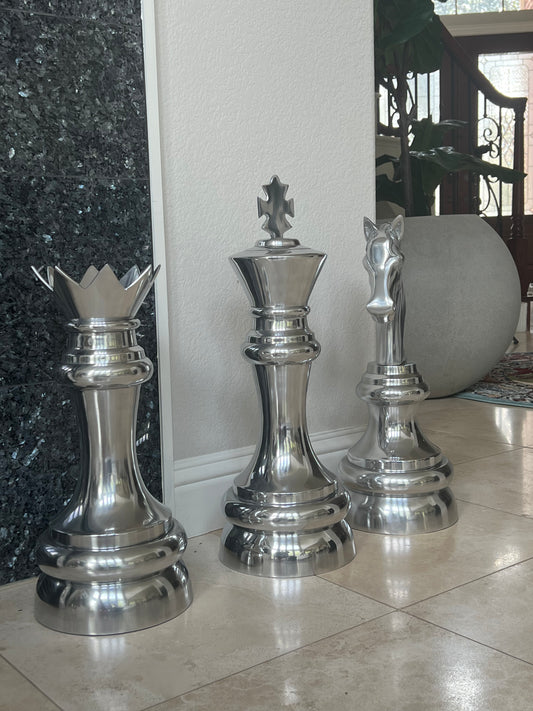 Silver Aluminum Post Modern Chess Sculpture Set of 3